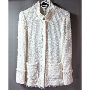 Les Copains Luxury White Bouclé Tweed Jacket Snap Front Fringe Trim IT 44 US M